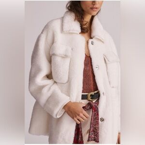 Anthropologie Maeve Cinch Waist Fur Faux Leather Jacket Size medium white